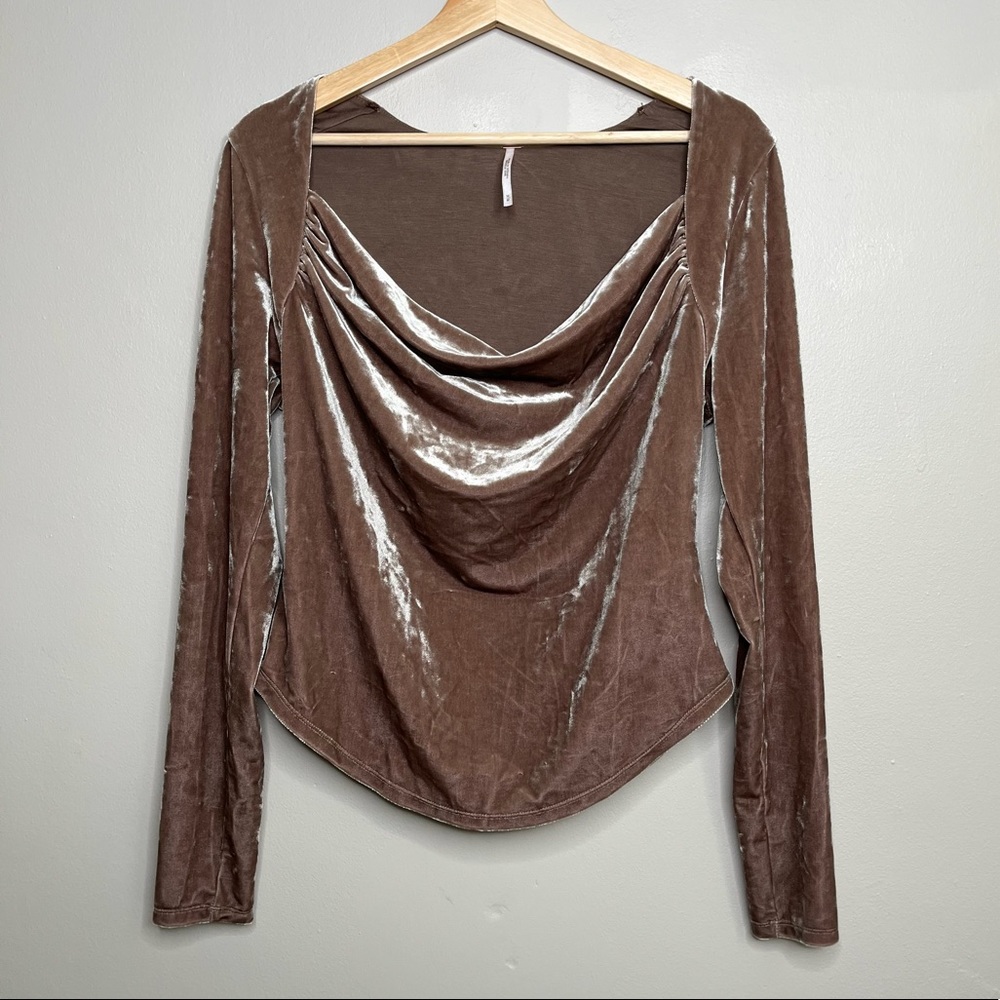 Free People Perfect Date Top Taupe Stone Long Sleeve Velvet Blouse Size M